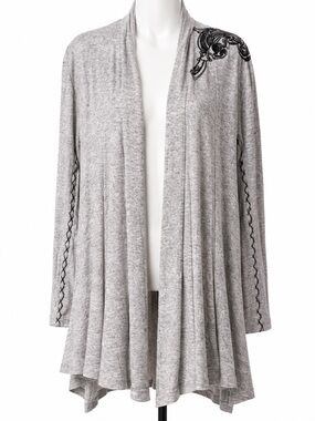 About Stylez Gray Embroidered Open Front Waterfall Cardigan One Size